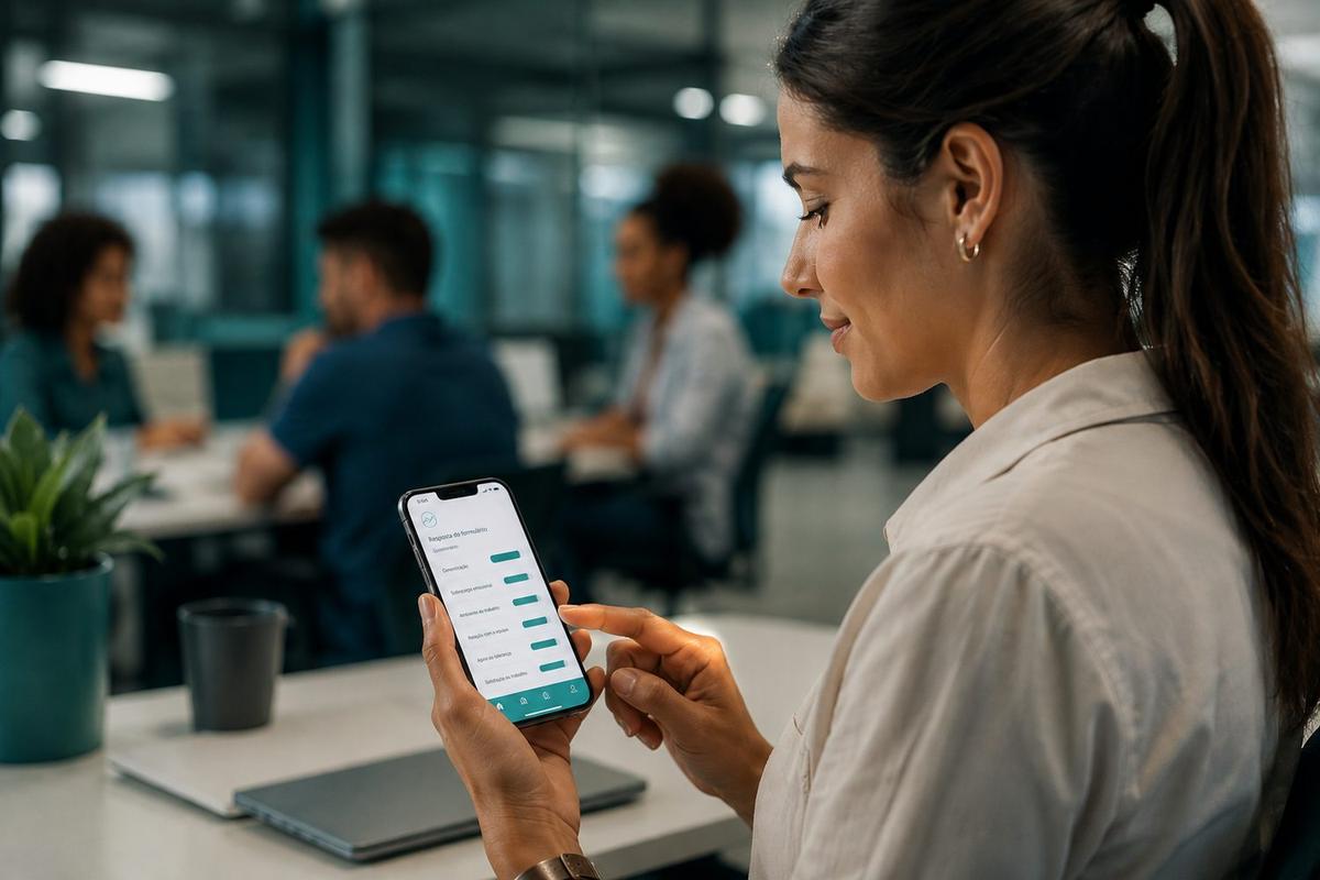 Colaboradora respondendo ao questionário psicossocial pelo celular em um escritório aberto