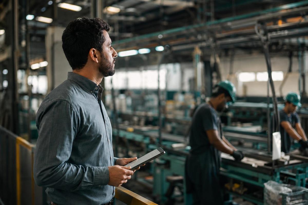 Técnico com tablet observando a linha de produção enquanto operadores trabalham ao fundo