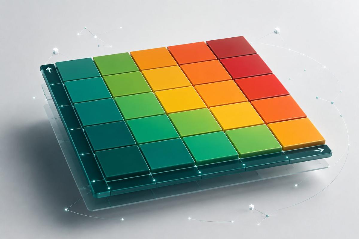 Matriz de risco 5×5 em blocos, do verde ao vermelho, representando severidade e probabilidade